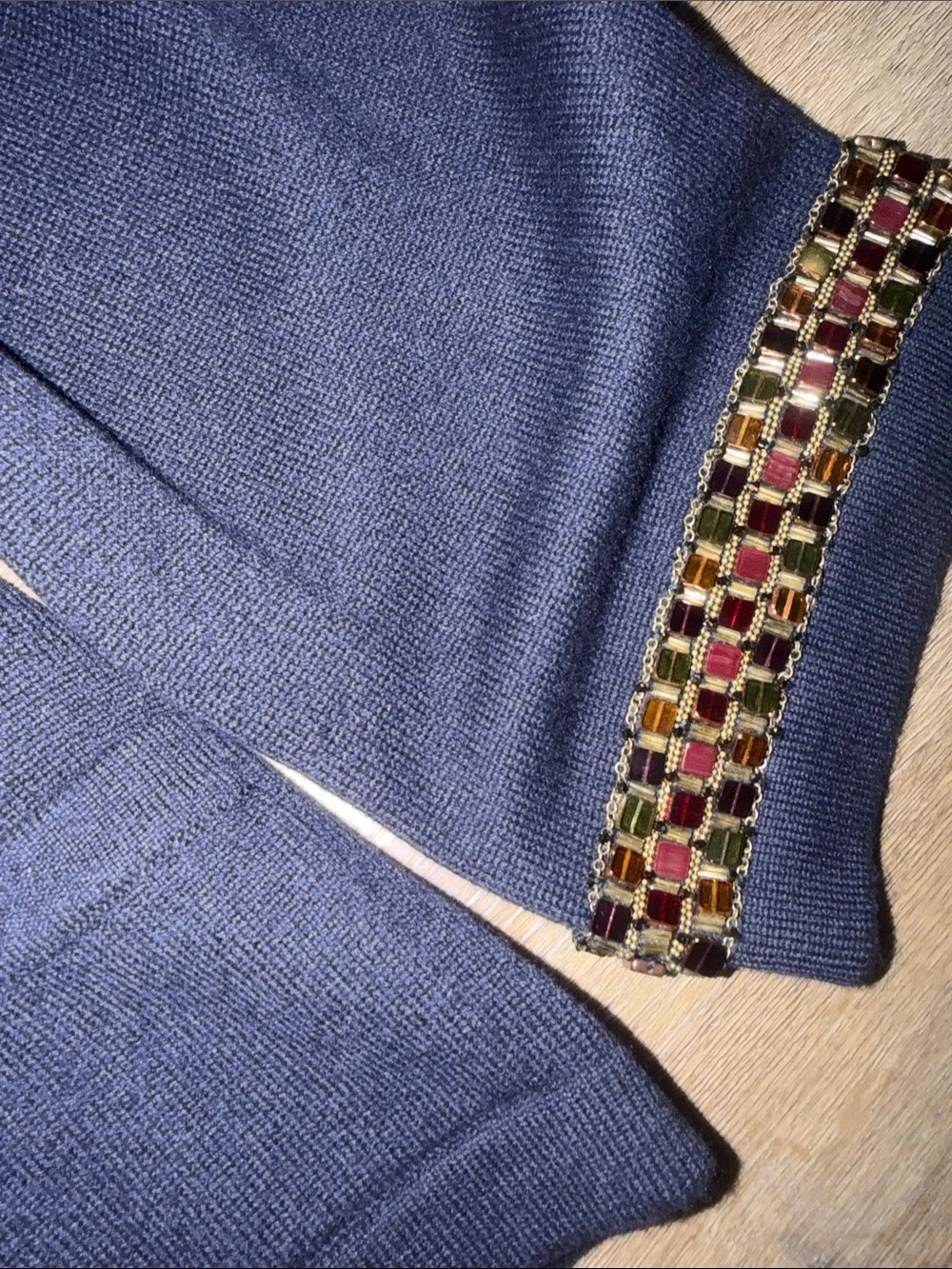 CHANEL Navy Knit Jacket with Gold Beaded Trim